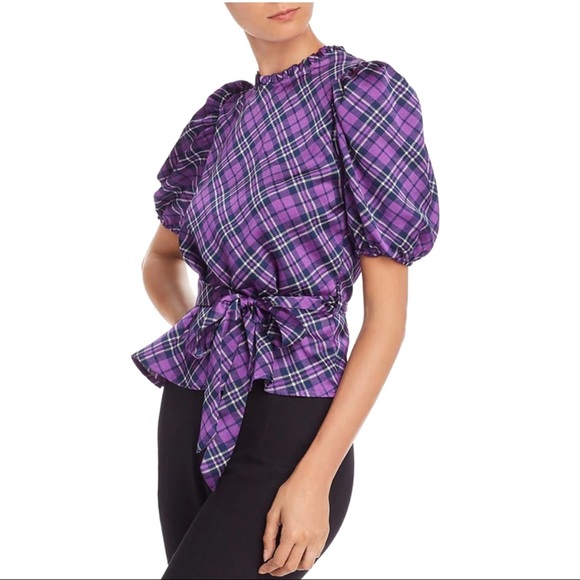 Aqua Tops - Aqua Ruffled Puff Sleeve Plaid Blouse Purple Size XS